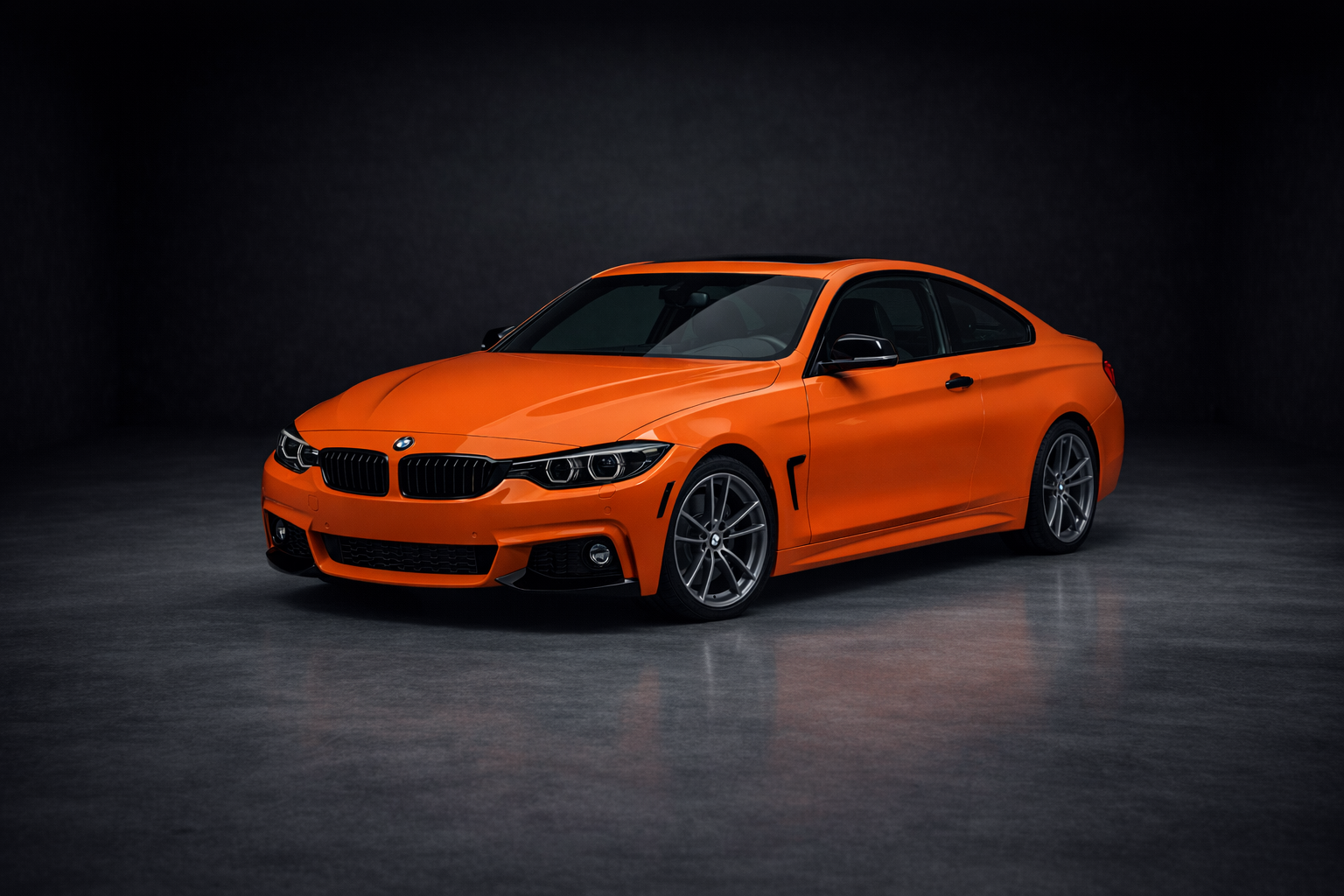 The white BMW from step 1 previewed in a vivid orange wrap — a photoreal AI render generated by WrapLab.